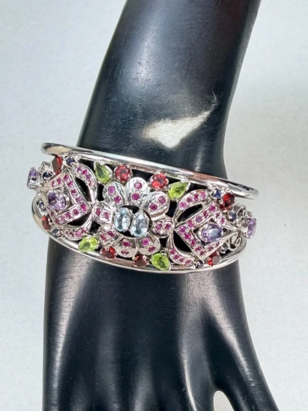 Vintage Rhodium Plated Multi Gemstone Floral Cuff Bracelet Open Bangle Statement